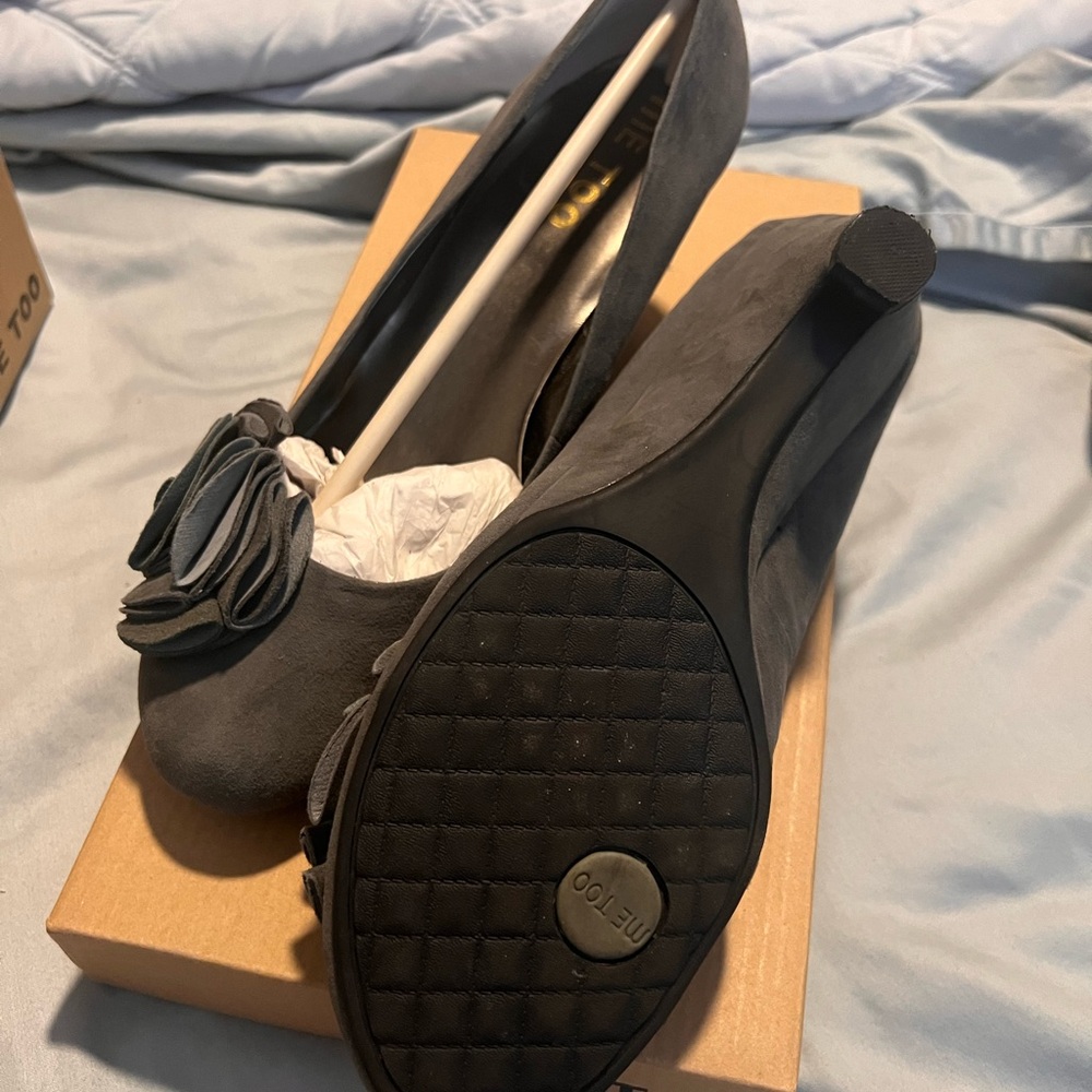 Grey suede heels .. Worn once - size 9 1/2 W